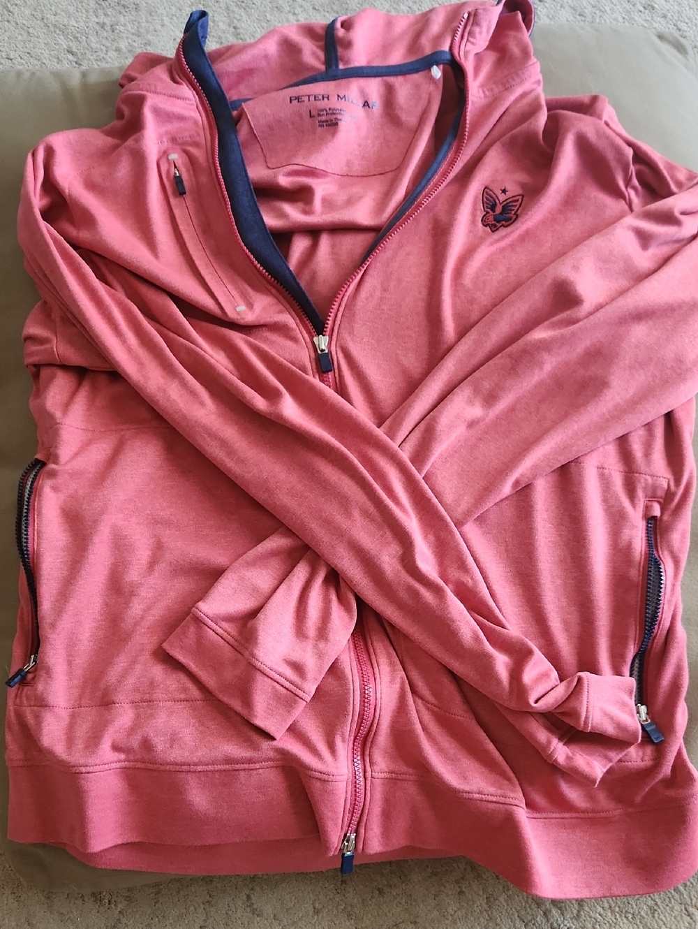 Peter Millar Coral Hoodie with Navy Accents